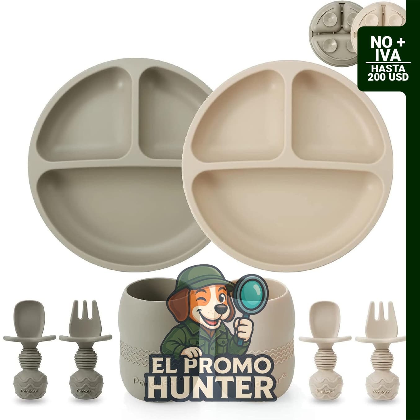 PandaEar juego de alimentación de silicona para bebés, incluye platos de succión, tazas y utensilios.