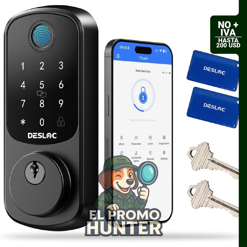 DESLOC B200 - Cerradura inteligente con huellas dactilares y teclado, control por aplicación y bloqueo automático.