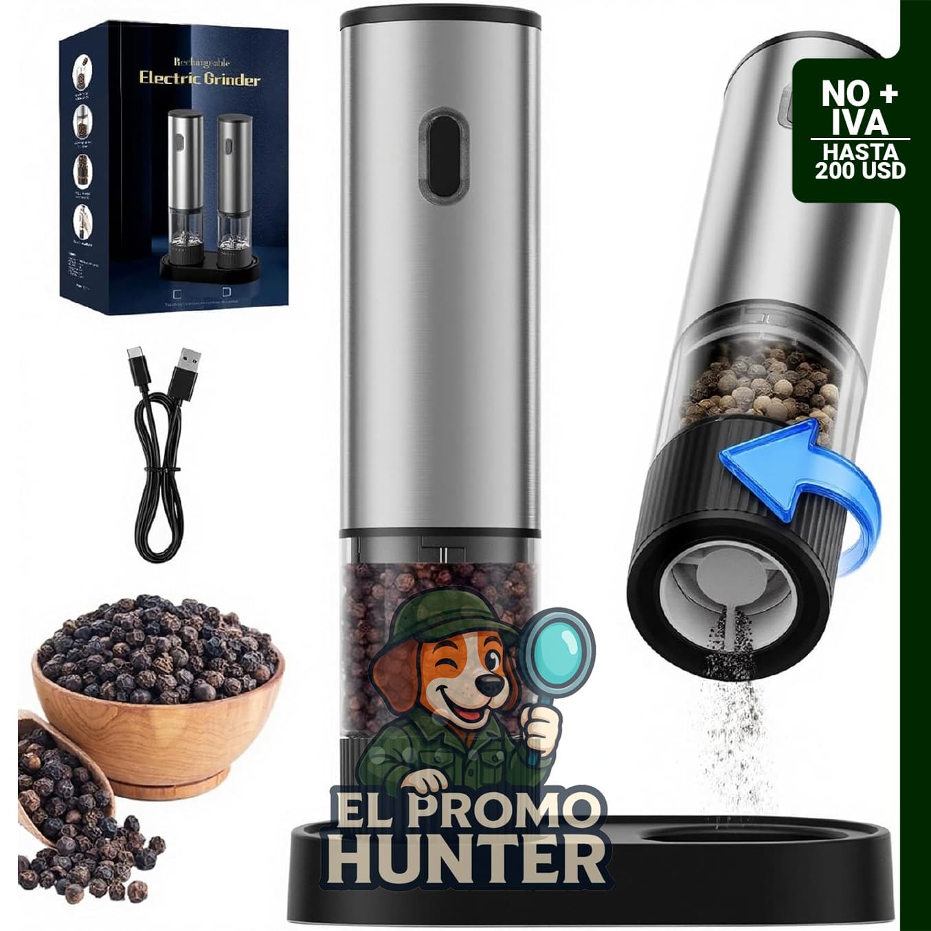 Juego de Molinillo Eléctrico de Sal y Pimienta, recargable por USB, acero inoxidable, con luz LED.