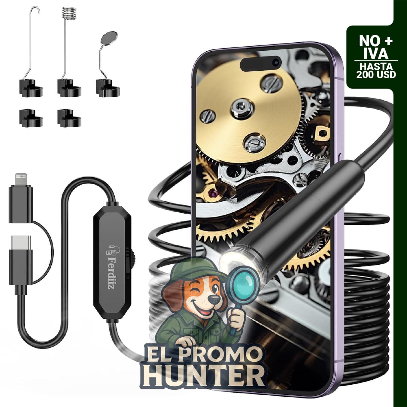 Boroscopio HD 1920P, semirrígido de 5 m, compatible con iPhone y Android, con sonda impermeable IP67 y lente única.