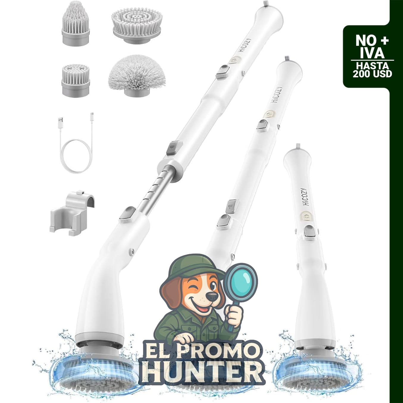 HiCOZY Escobilla eléctrica giratoria HS1, cepillo de ducha inalámbrico con 4 cabezales reemplazables y mango ajustable.