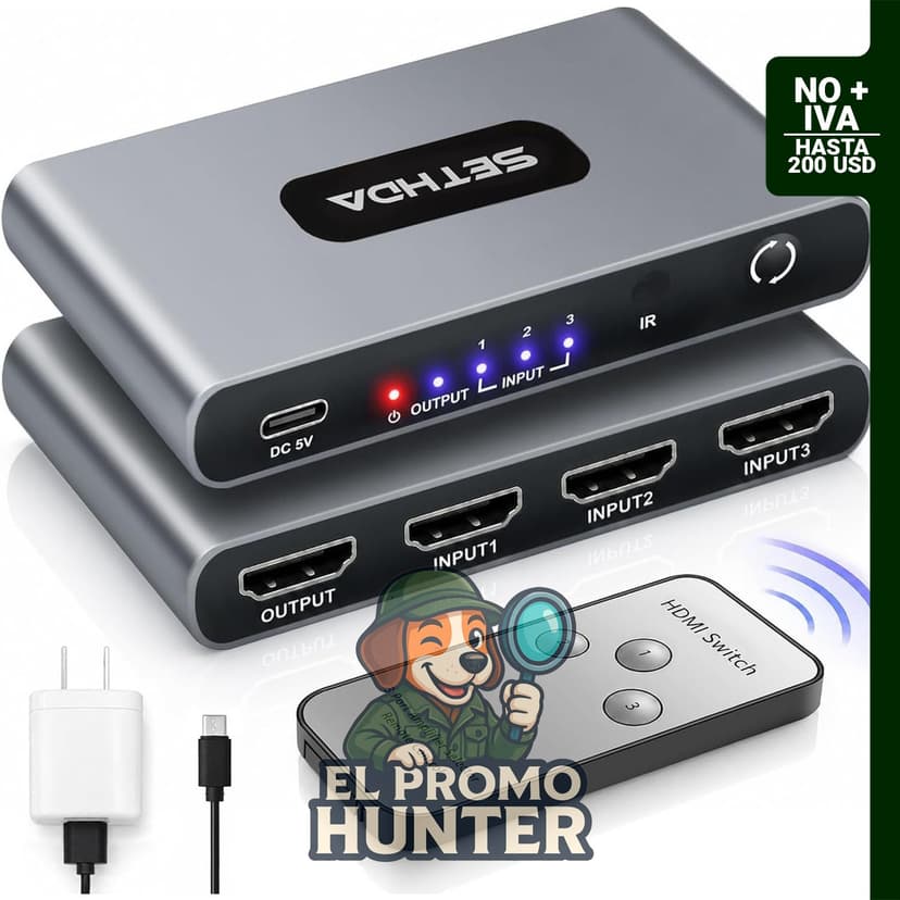 HDMI Switch 3 en 1 Salida 4K@60Hz, divisor y conmutador HDMI con control remoto y cargador.