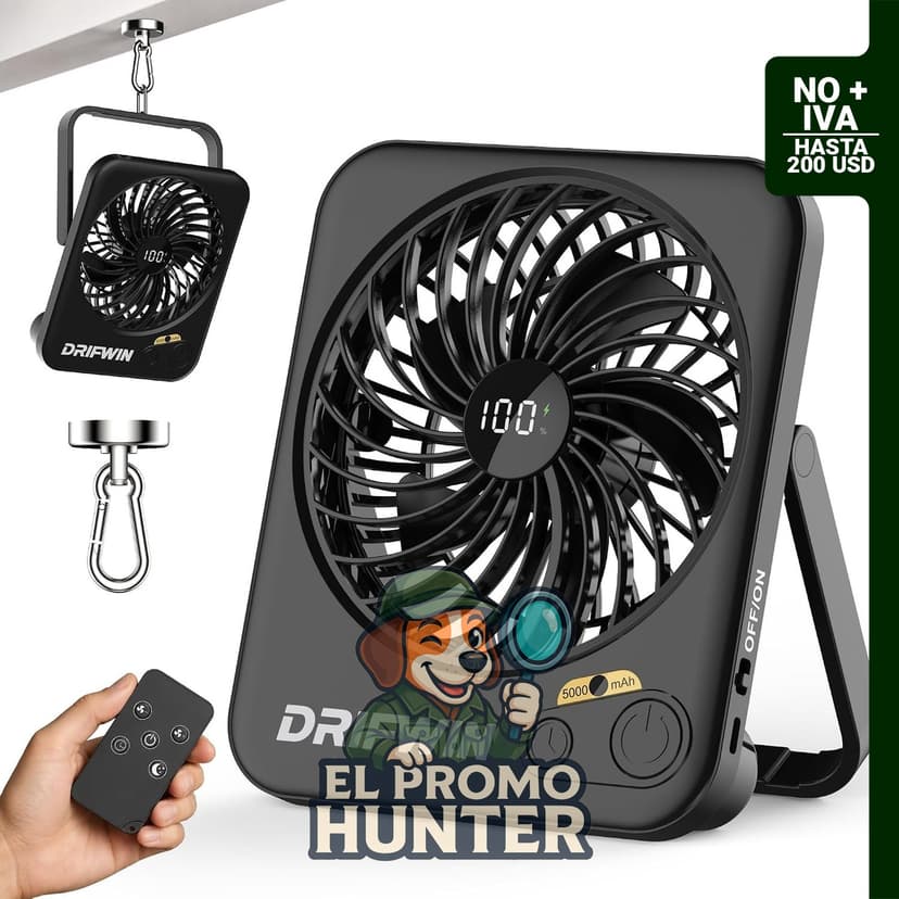 Ventilador de viaje portátil recargable de 5000 mAh con gancho magnético y pantalla digital.