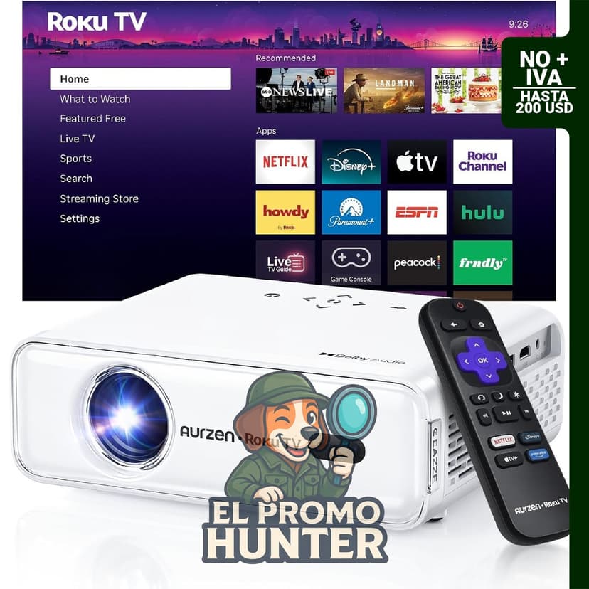Aurzen Roku TV D1R Proyector portátil inteligente con WiFi y Bluetooth, 1080P FHD, auto enfoque y zoom.