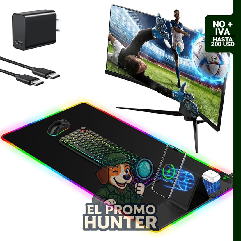 Alfombrilla de mouse XXL RGB de 31.5 x 15.8 pulgadas con soporte plegable para teléfono y cargador inalámbrico.