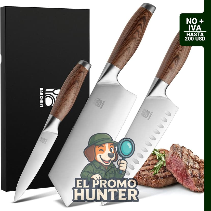 Juego de cuchillos de chef de 3 piezas en acero al carbono con mango ergonómico.