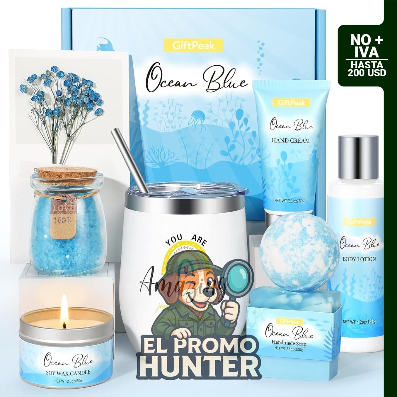 Set de Spa Aroma Océano con Vaso, Vela y Baño, incluye productos de cuidado corporal.