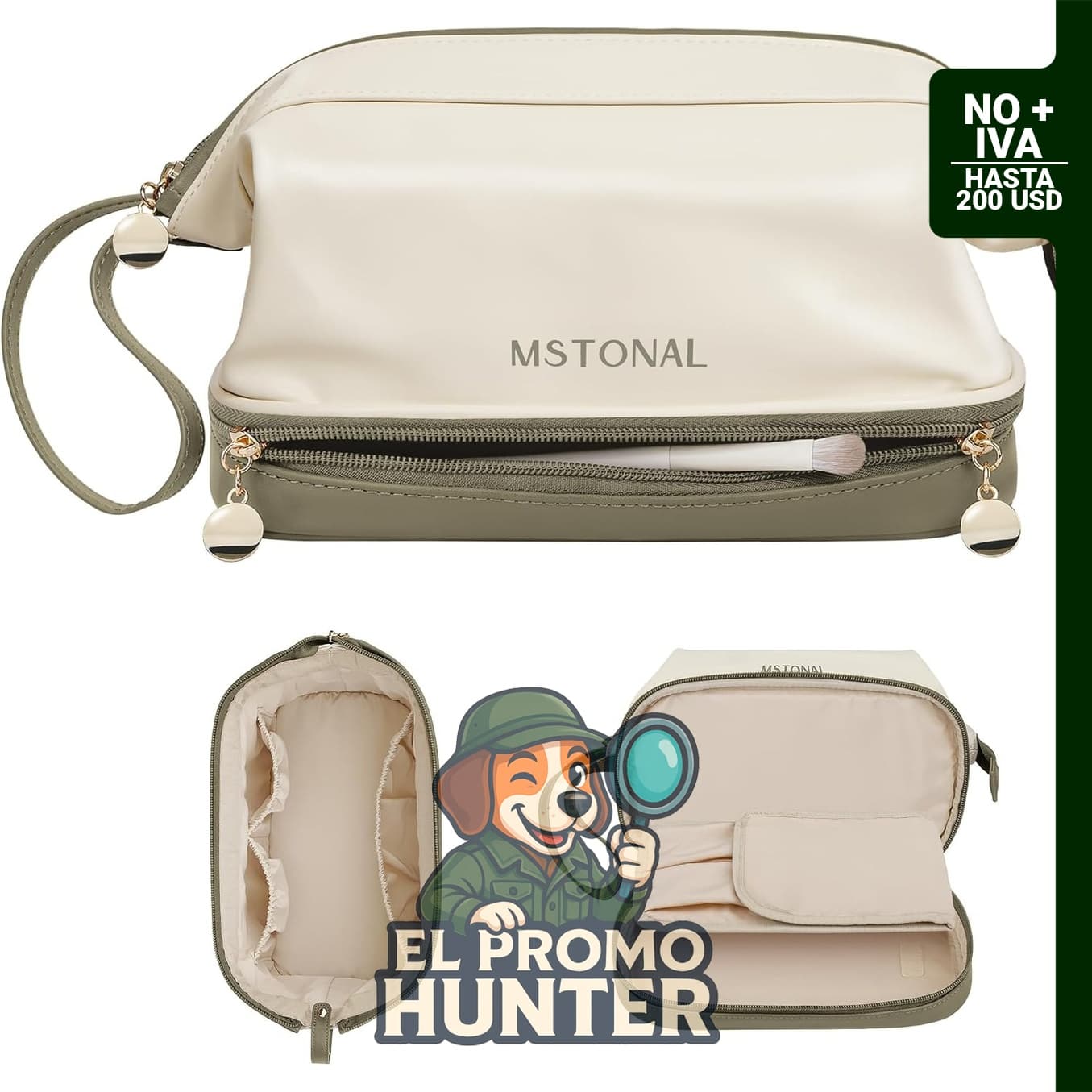 Bolsa de maquillaje de doble capa con cremallera, impermeable y portátil, incluye organizador de brochas.