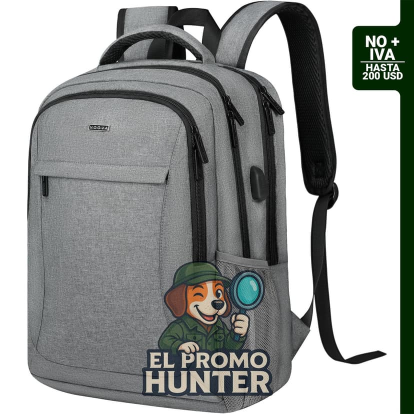 Voova Mochila de viaje para laptop de 15.6" (38 cm) con puerto USB, color gris, resistente al agua, compartimento acolchado.