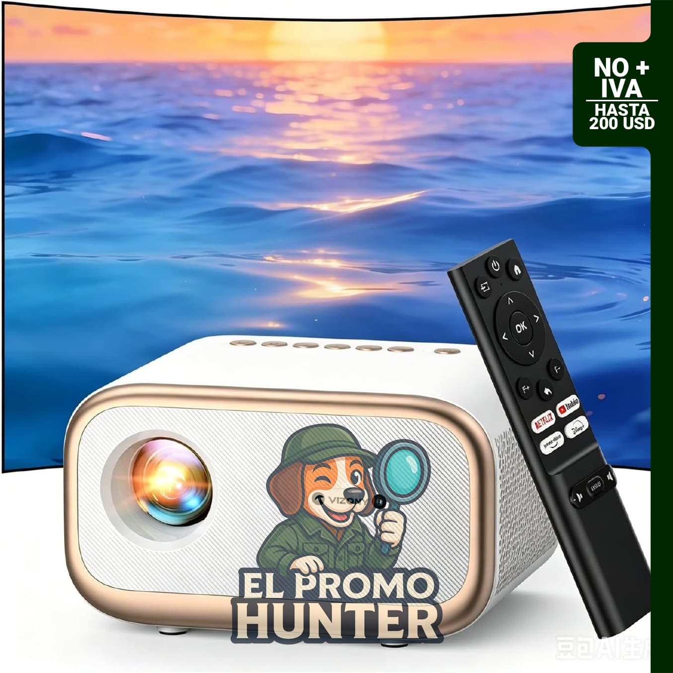 Proyector VIZONY 1080P inteligente con WiFi y Bluetooth, aplicaciones integradas.