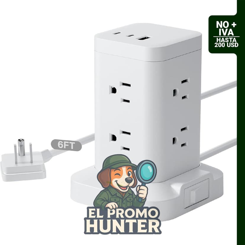 Torre de regleta de alimentación con 8 salidas de CA y 2 puertos USB-C PD20W, 1800J de protección contra sobretensiones.