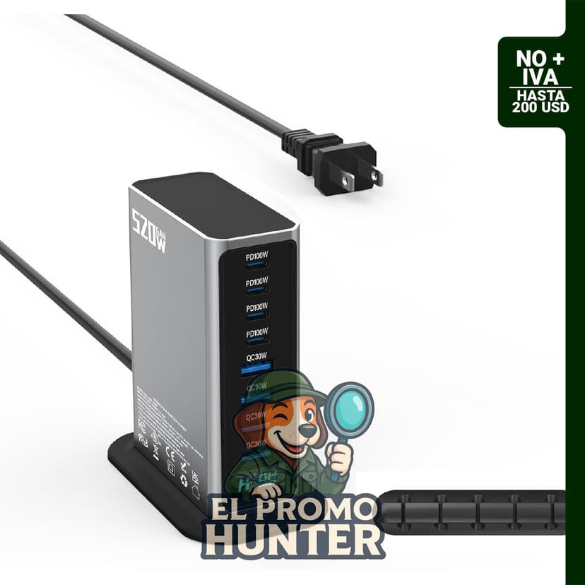 Estación de carga USB C de 520 W con 8 puertos (4C+4A), incluye organizador y cable de 1.5 m.