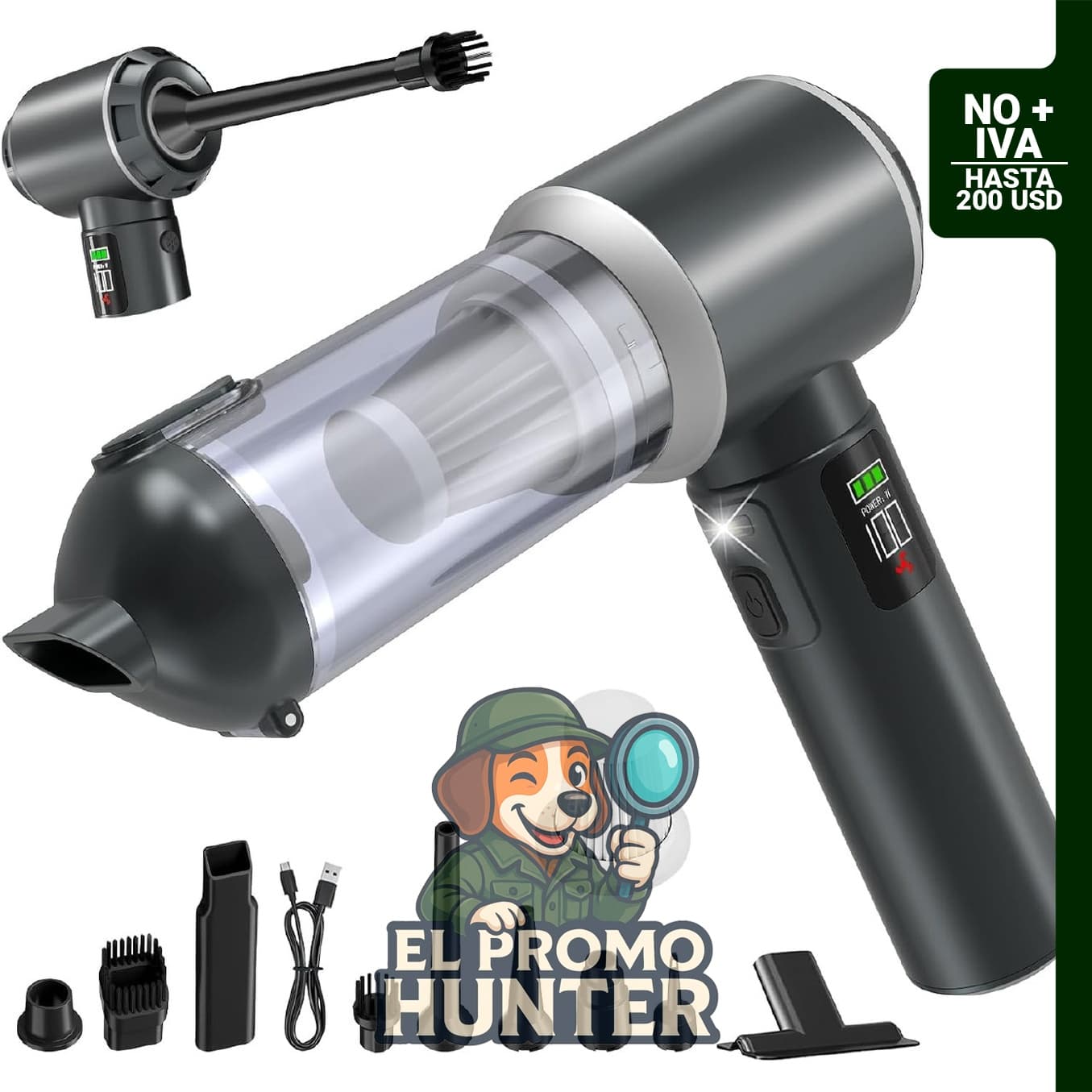Aspiradora de mano 4 en 1 inalámbrica con 28000 pa de potencia de succión, pantalla digital y vaciado de polvo con un clic.