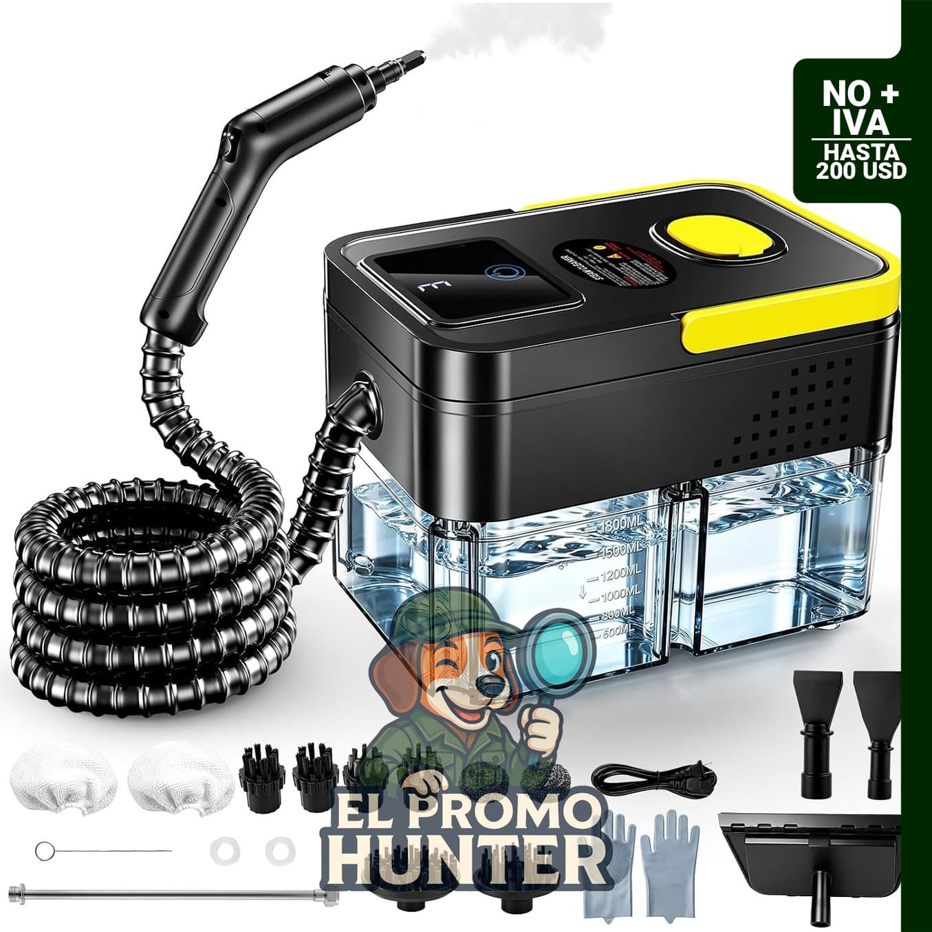 Limpiador a vapor portátil FEGVE387 de 1.9 Qt, con 3 niveles de vapor ajustables y 15 accesorios.