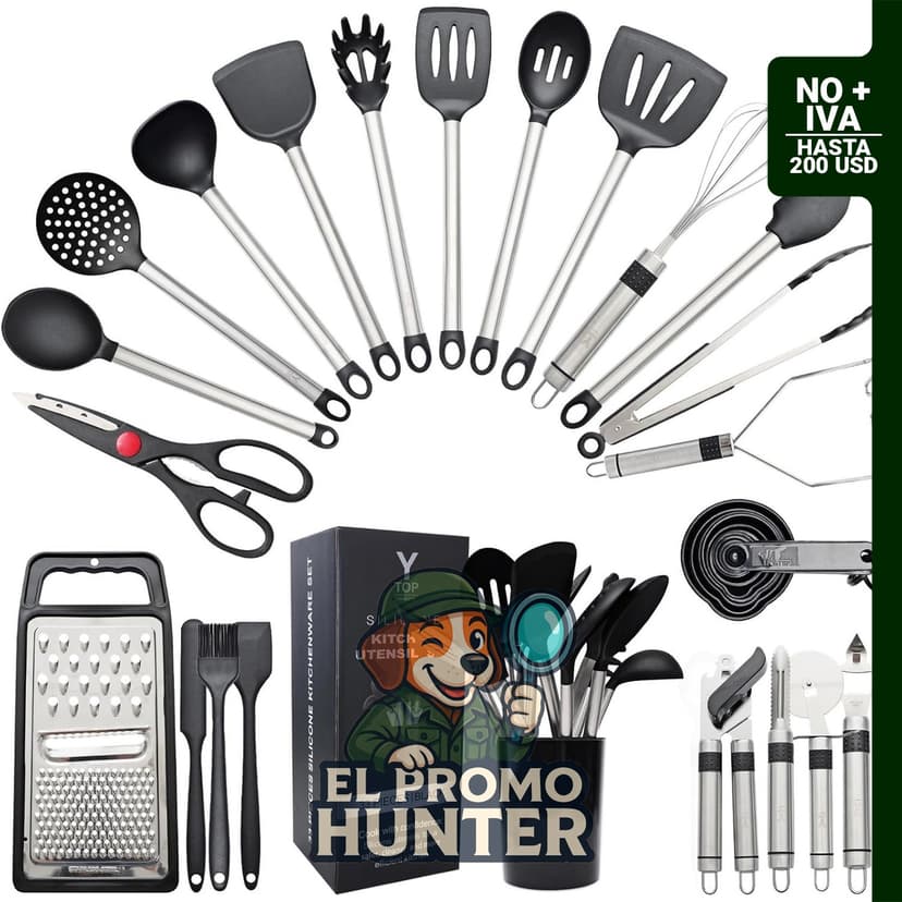 Juego de 33 utensilios de cocina de silicona de grado alimenticio con asas de acero inoxidable.