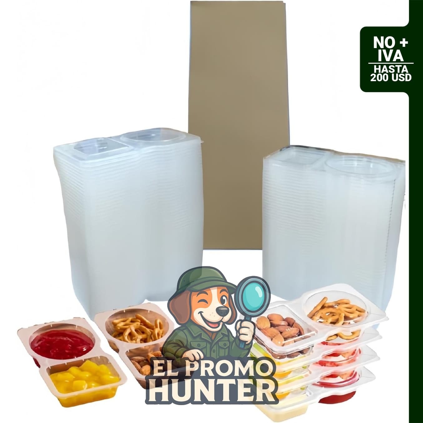 Paquete de 50 recipientes desechables de doble compartimento para aperitivos y salsas.