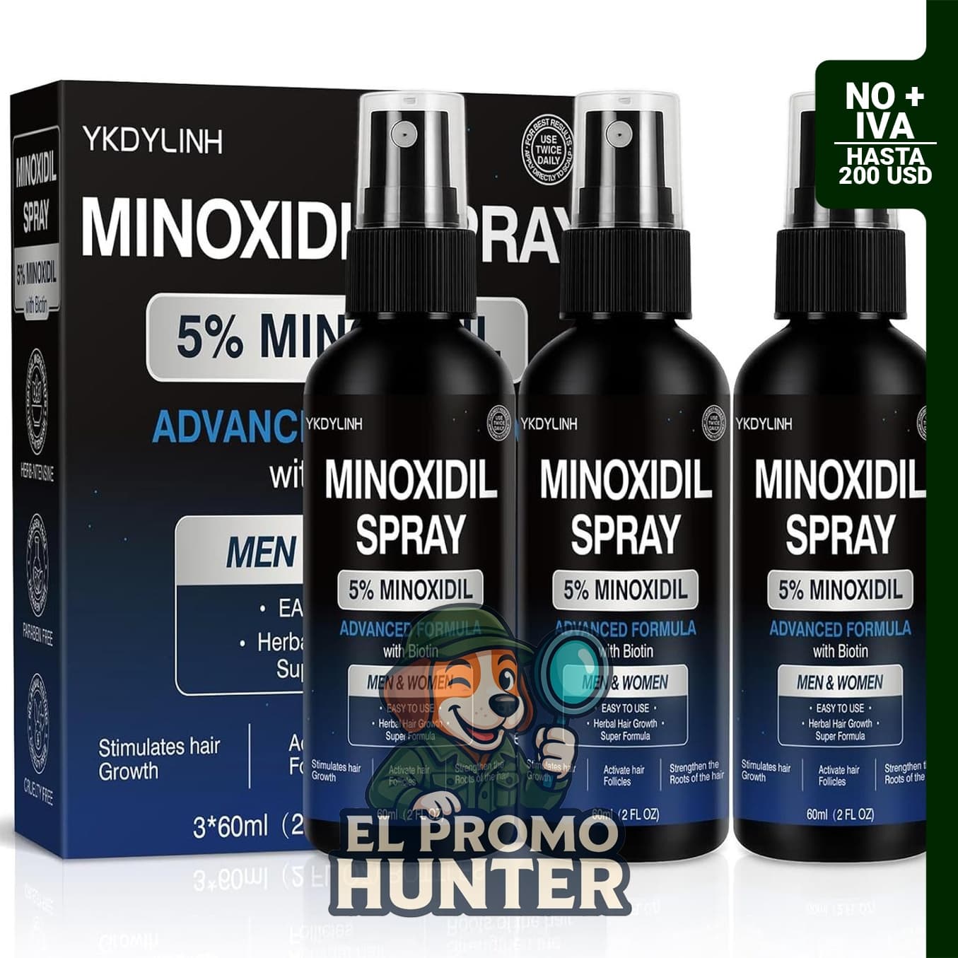 Spray de minoxidil al 5 %, paquete de 3, para tratamiento de caída de cabello.
