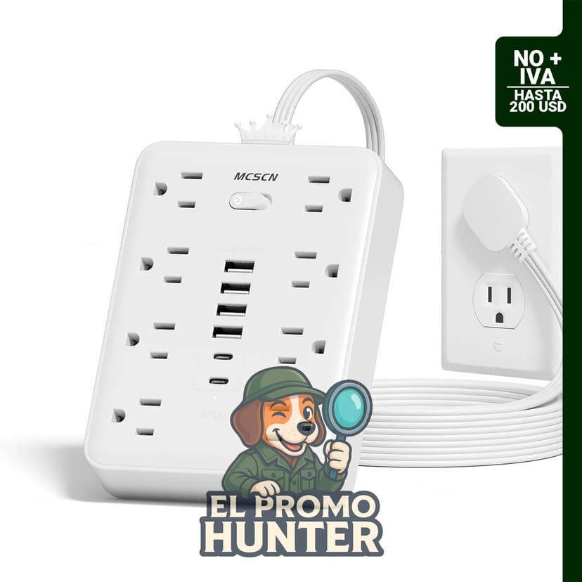 Regleta de protección contra sobretensiones con 8 tomas y 6 puertos USB (4 USB-A y 2 USB-C), 5 pies (152 cm) de longitud.