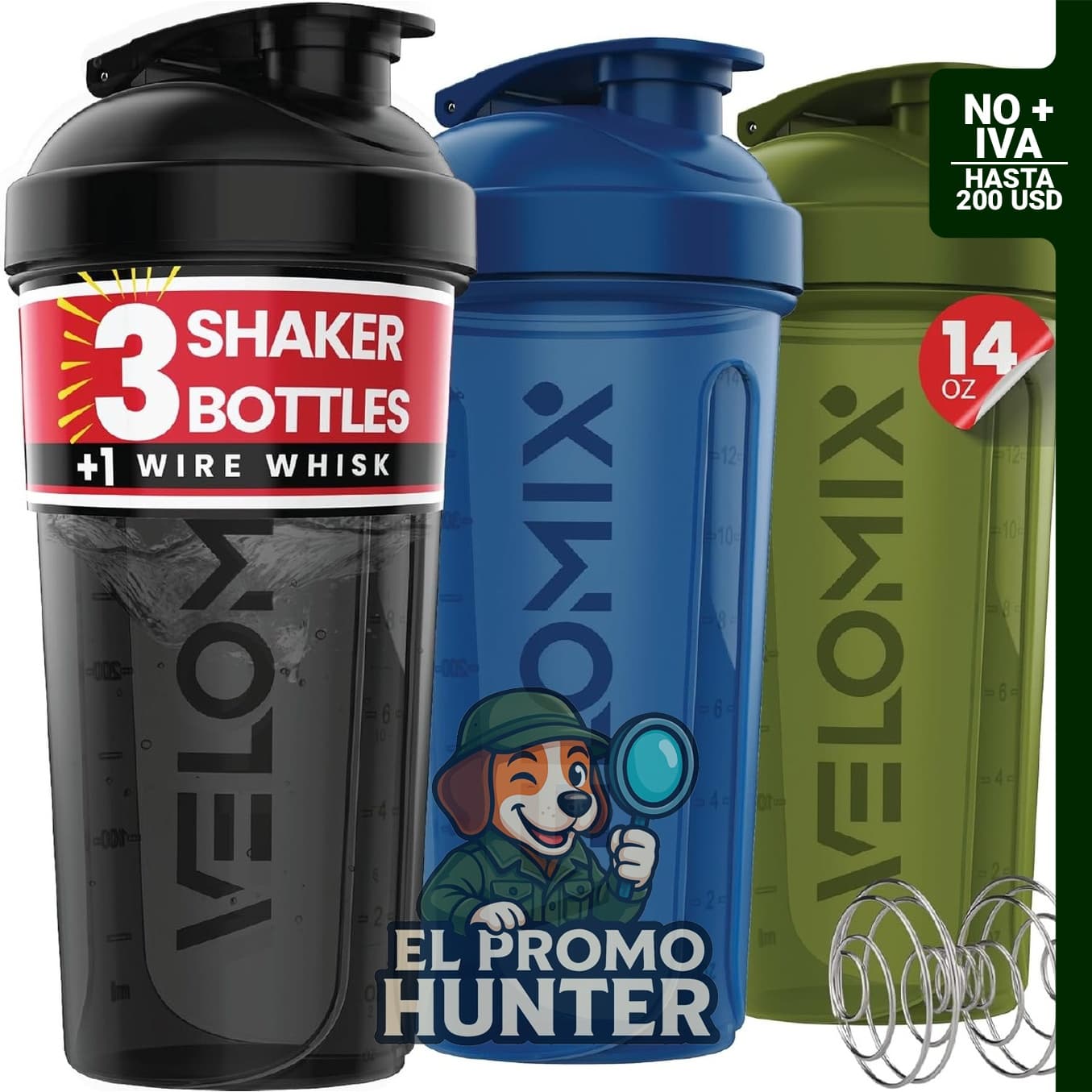 VELMIX - Paquete de 3 botellas mezcladoras de proteínas de 414 ml, incluye 1 batidor de alambre.