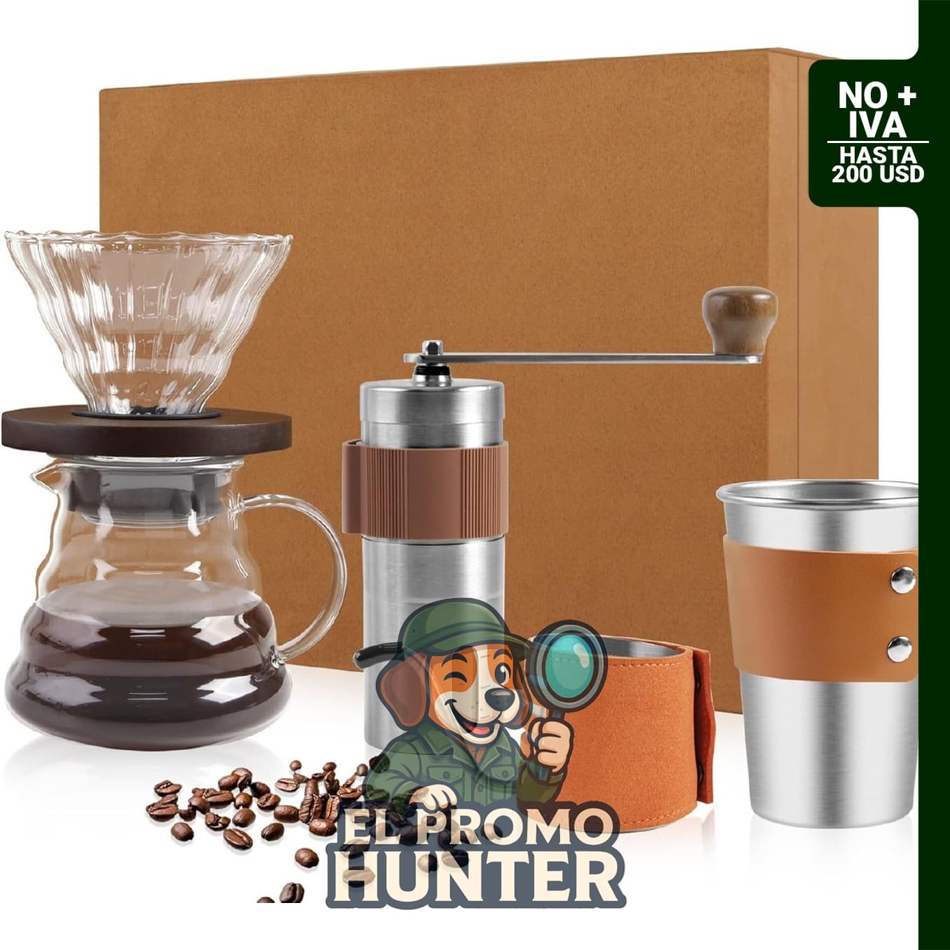 LHS juego de cafetera manual con molinillo, gotero y taza, ideal para preparar café en viajes.