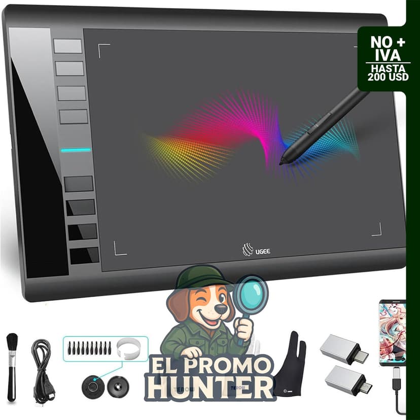 UGEE M708 V2, tableta gráfica de 10 x 6 pulgadas, compatible con PC y dispositivos Android, incluye lápiz capacitivo sin batería.