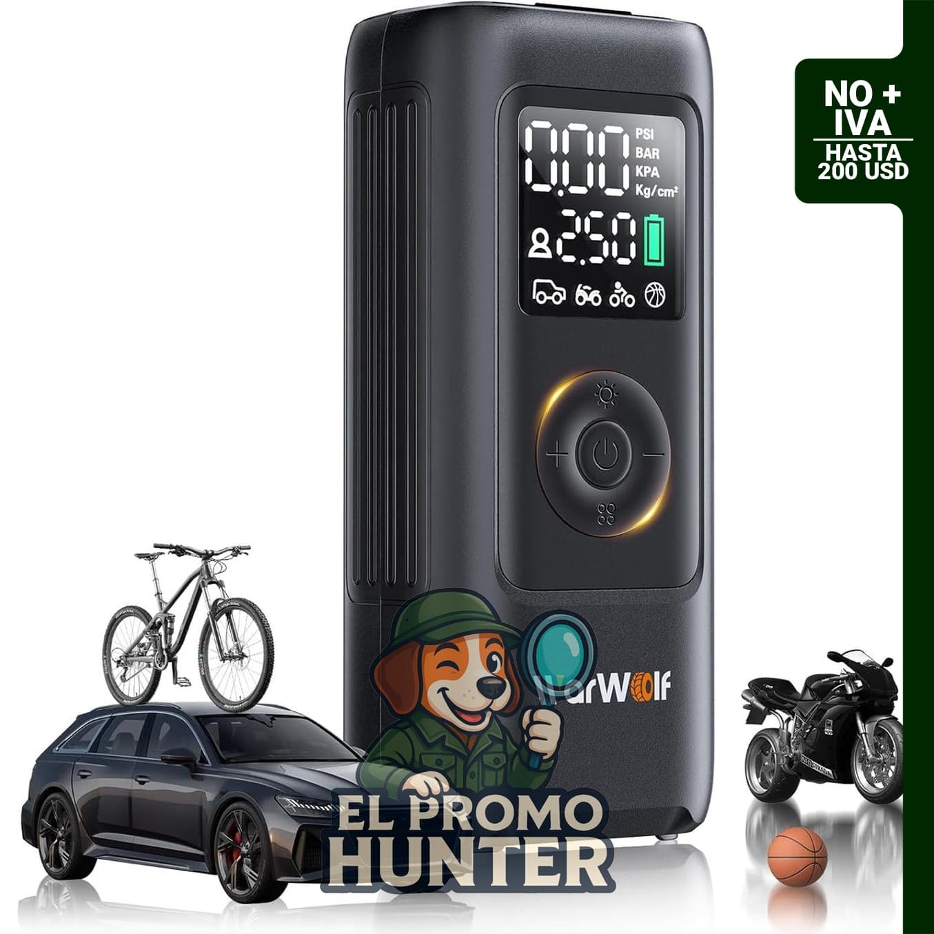 WARWOLF Inflador de neumáticos de 160 PSI, compresor de aire portátil de 12 V CC con medidor de presión y apagado automático.