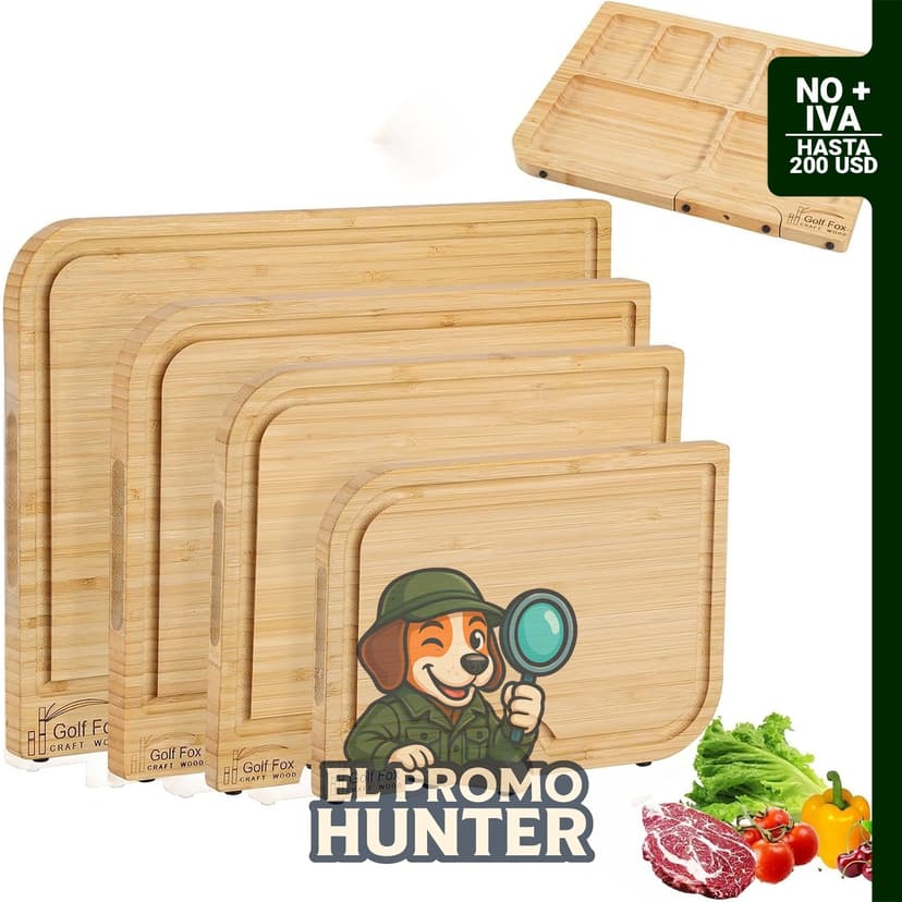 Juego de tablas de cortar de bambú con soporte, incluye mangos integrados y ranuras para jugos.