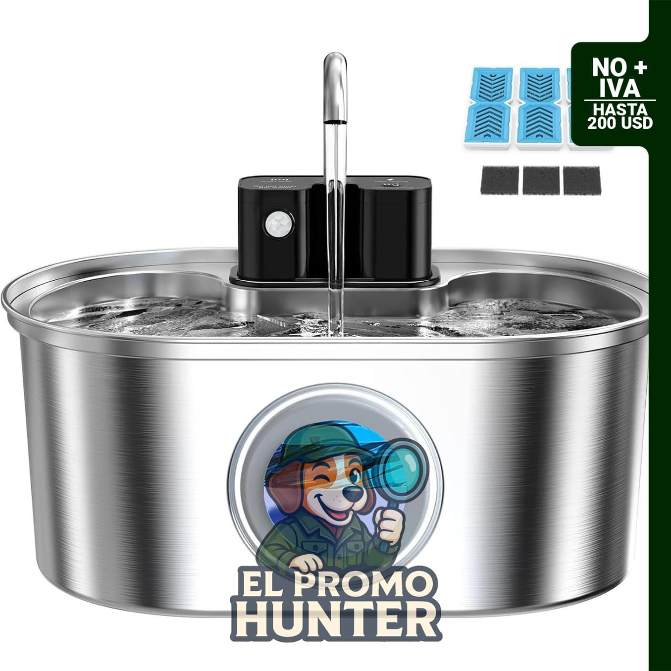 PEKTACO Fuente de agua inalámbrica para gatos de acero inoxidable, 3.2 L, con bomba silenciosa y filtración multi-capa.