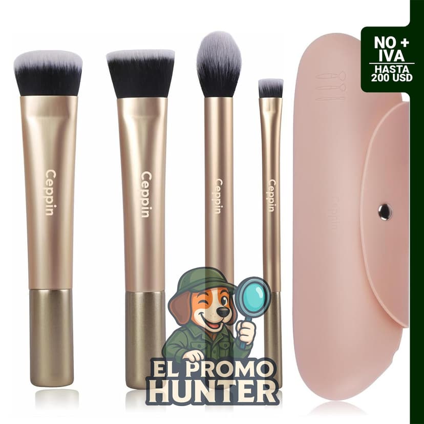 Juego de 4 brochas de maquillaje veganas para base facial, corrector y contorno, incluye bolsa.