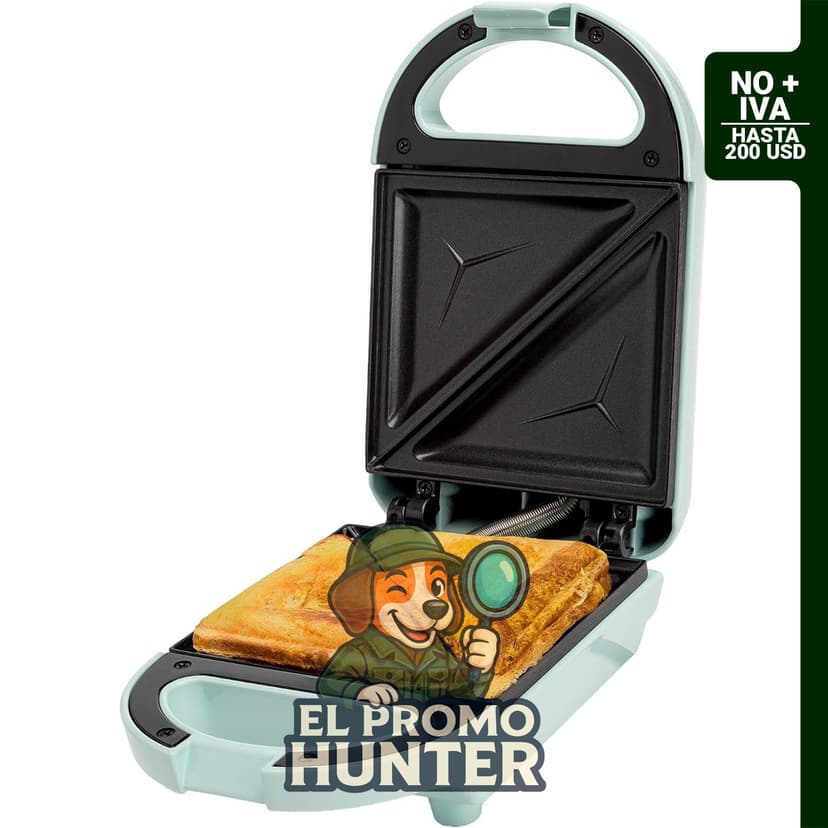 Mini Sandwichera Tasty, 600W, color Aqua, para hacer sándwiches y paninis.