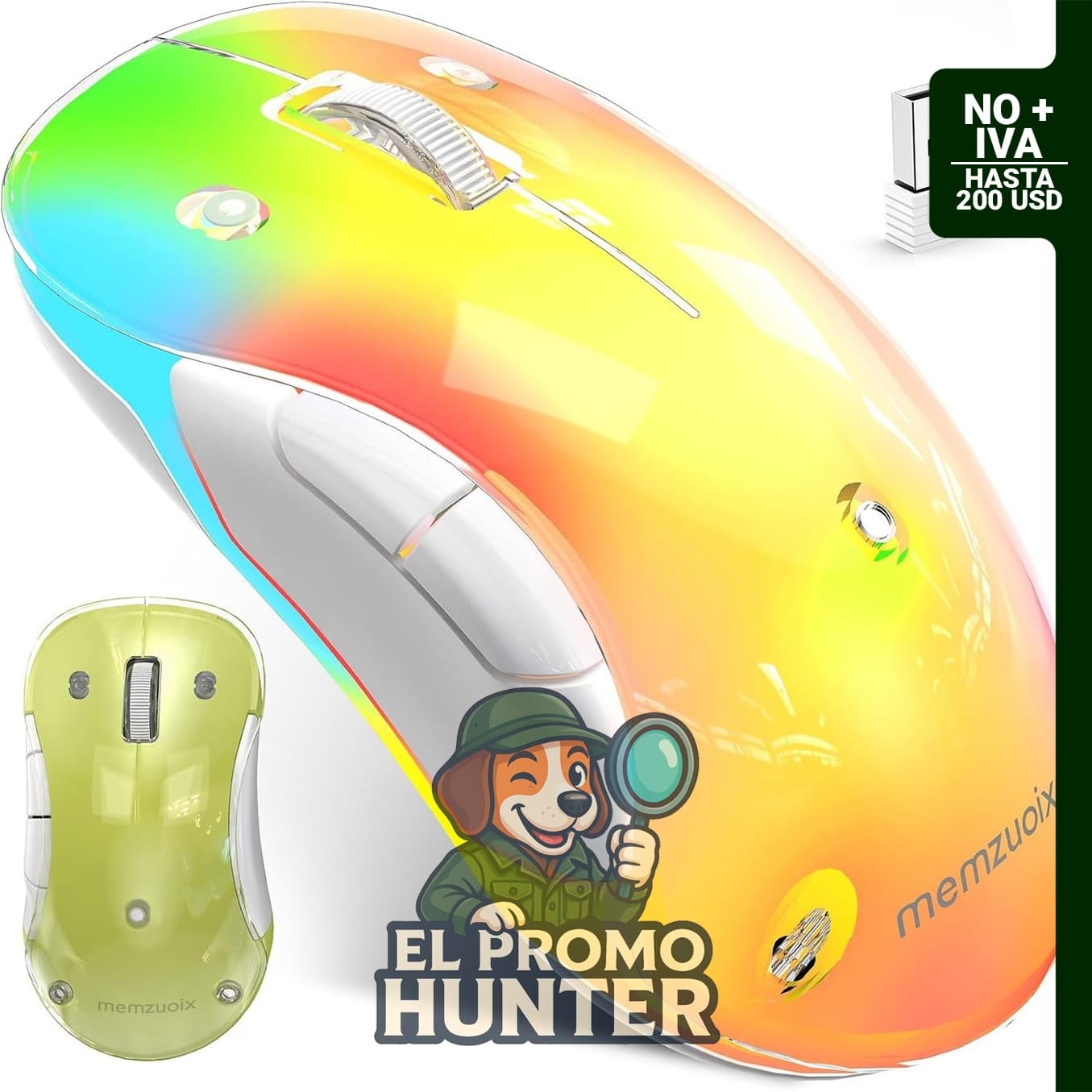 Ratón inalámbrico LED de 2.4G, mouse óptico recargable de 1400 DPI con receptor USB, 5 botones.