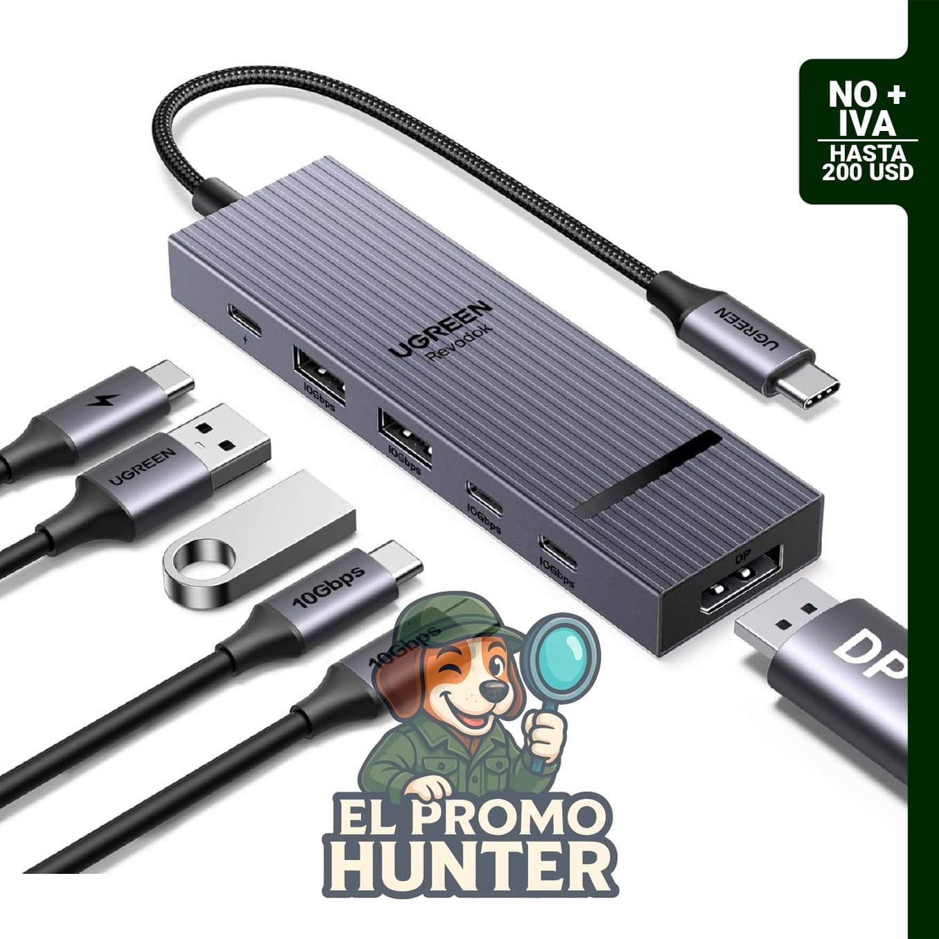 UGREEN Revodok Pro 6 en 1 USB-C Hub con salida a DisplayPort 4K 60Hz, entrega de alimentación de 100W y puertos USB-A y USB-C 3.2.