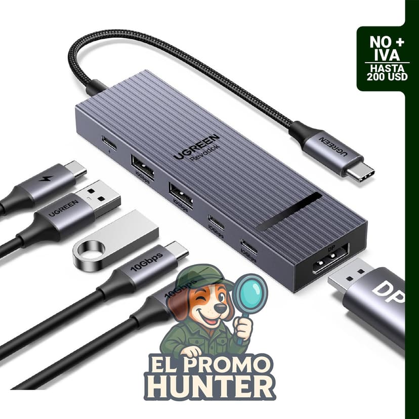 UGREEN Revodok Pro 6 en 1 USB-C Hub con salida a DisplayPort 4K 60Hz, entrega de alimentación de 100W y puertos USB-A y USB-C 3.2.