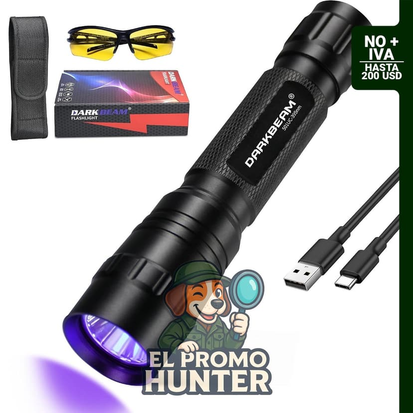 DARKBEAM Linterna UV de 395 nm, lámpara LED recargable USB-C para detección de orina de perro y curado de resina.