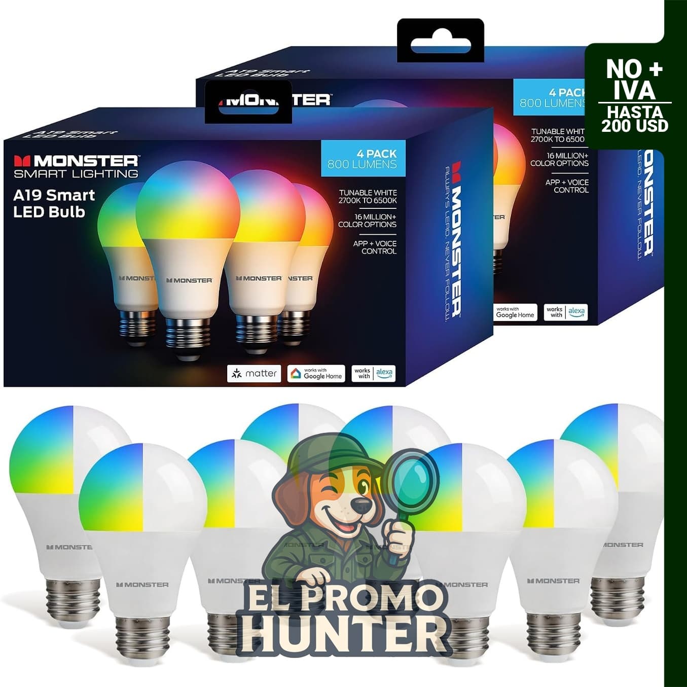 Bombillas LED inteligentes Monster A19, regulables, multicolor y blanco sintonizable, 800 lúmenes.