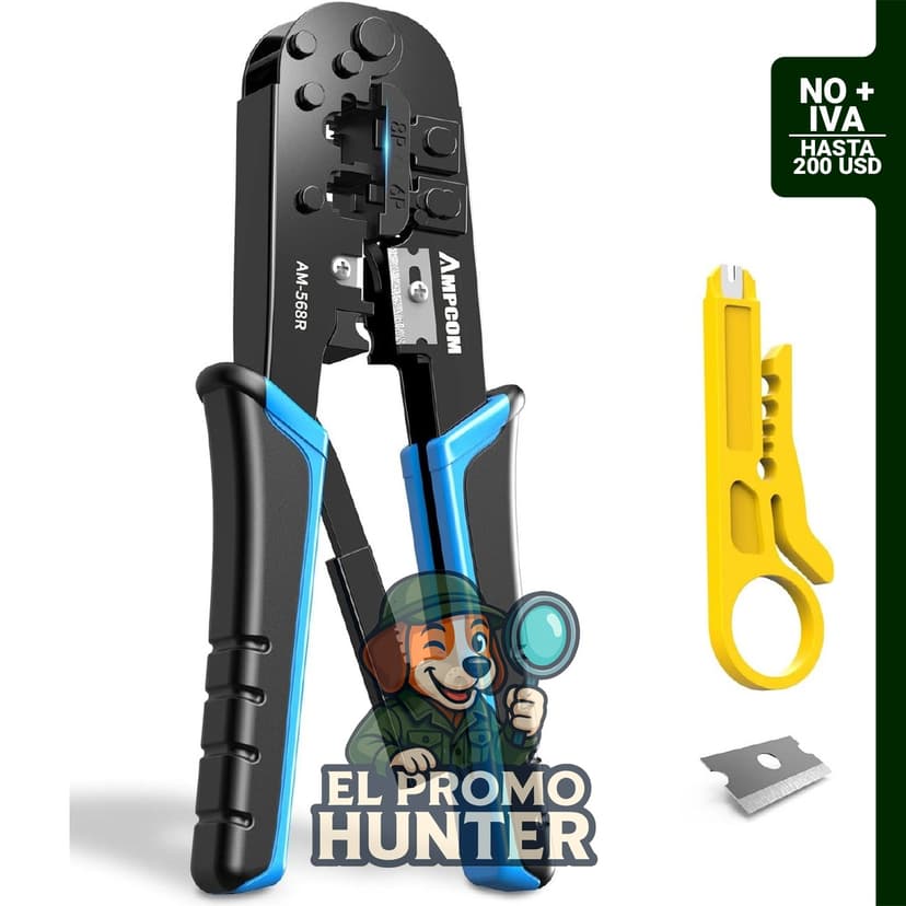 AMPCOM Herramienta de Engarce RJ45, herramienta de crimpado, corte y pelado para conectores 8P/6P-RJ11, RJ12.