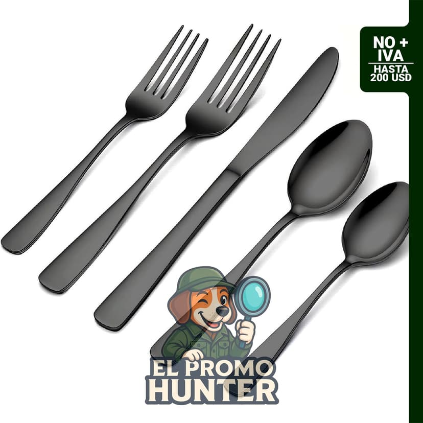 BEWOS Juego de cubiertos de 20 piezas de acero inoxidable negro, incluye cuchillos, tenedores y cucharas.