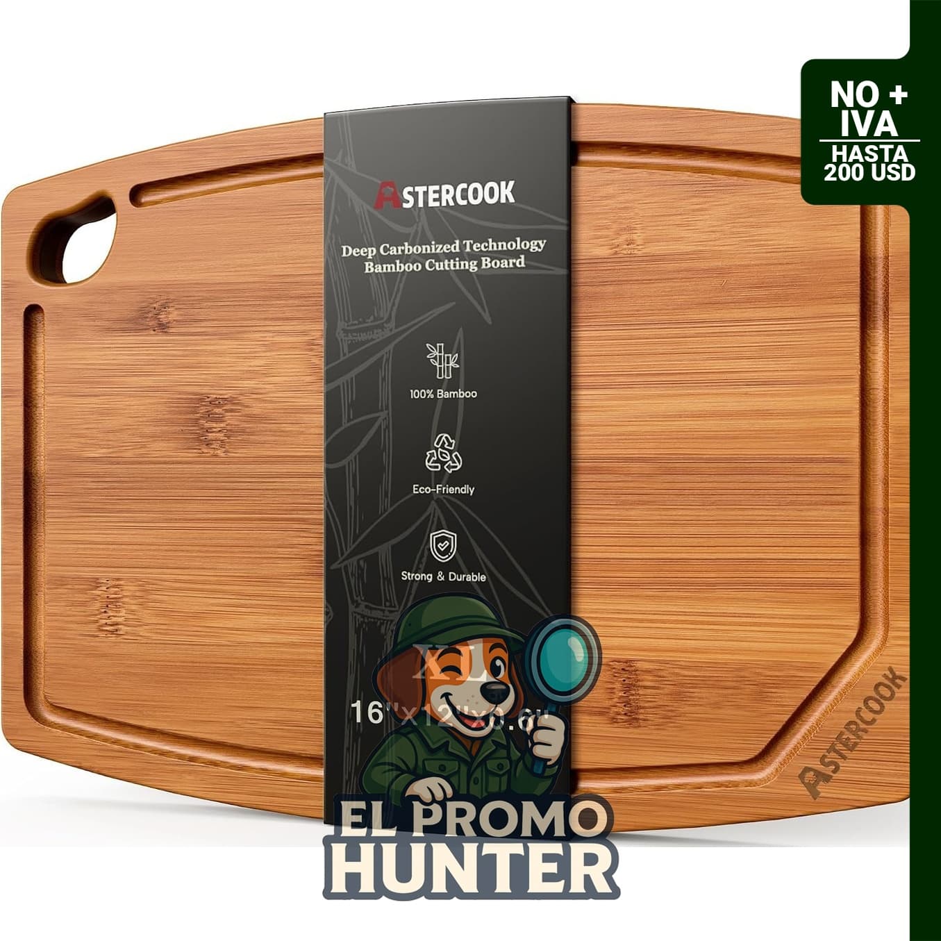 Tabla de cortar Astercook de bambú carbonizado, 40,6 x 30,5 cm, con ranura para jugo y asa.