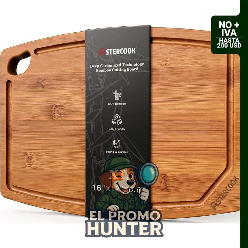 Tabla de cortar Astercook de bambú carbonizado, 40,6 x 30,5 cm, con ranura para jugo y asa.