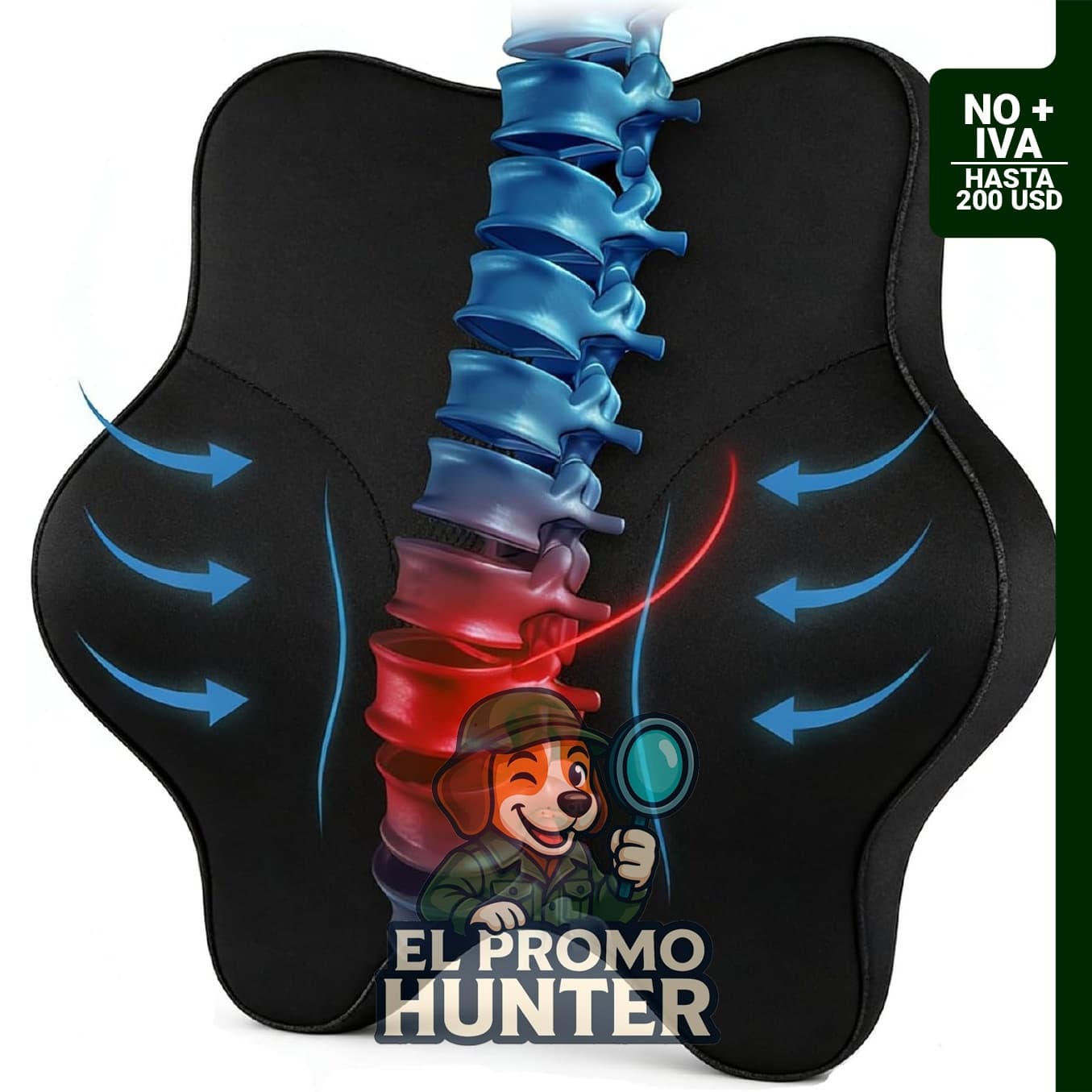 Almohada lumbar ergonómica de espuma viscoelástica con funda de poliéster transpirable y correas ajustables.