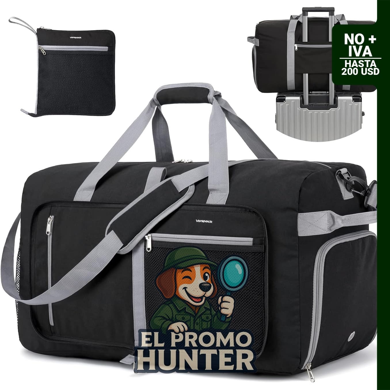 Vorspack Bolsa de lona plegable para viajes, 65 L, con compartimento para zapatos, negro, poliéster 600D.