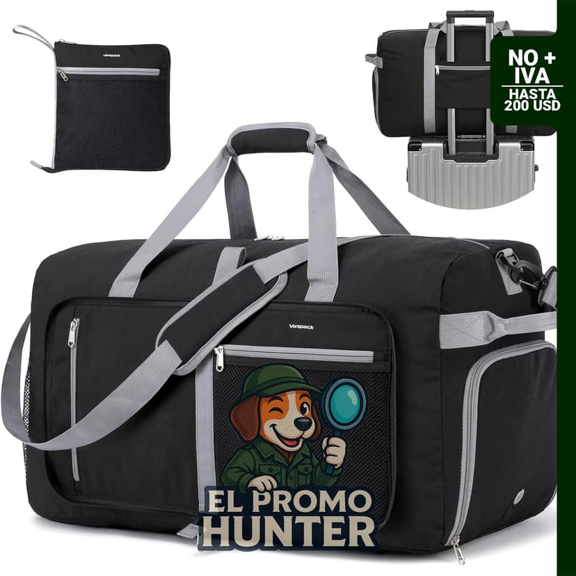 Vorspack Bolsa de lona plegable para viajes, 65 L, con compartimento para zapatos, negro, poliéster 600D.