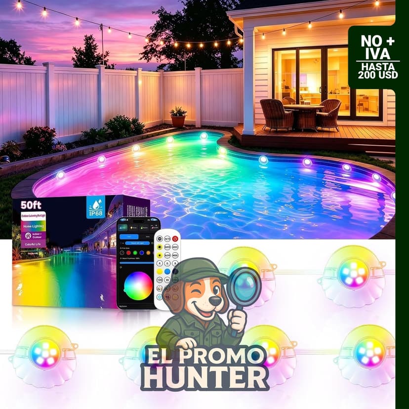 AHAWILL Luces de piscina RGB de 50 pies (15,2 m) con control remoto y aplicación, IP68 impermeable.