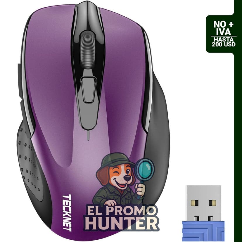Mouse óptico ergonómico TeckNet Pro 2.4 G con nanorecibidor USB, 6 botones y 5 niveles de ajuste de DPI.