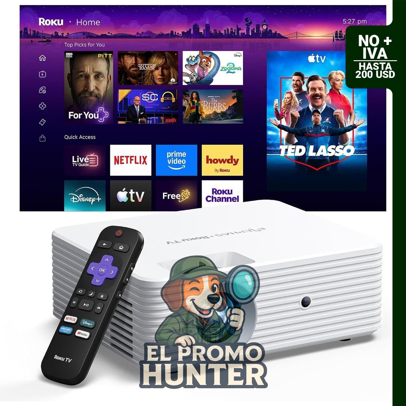ELEPHAS Proyector inteligente Roku TV con Wi-Fi y Bluetooth