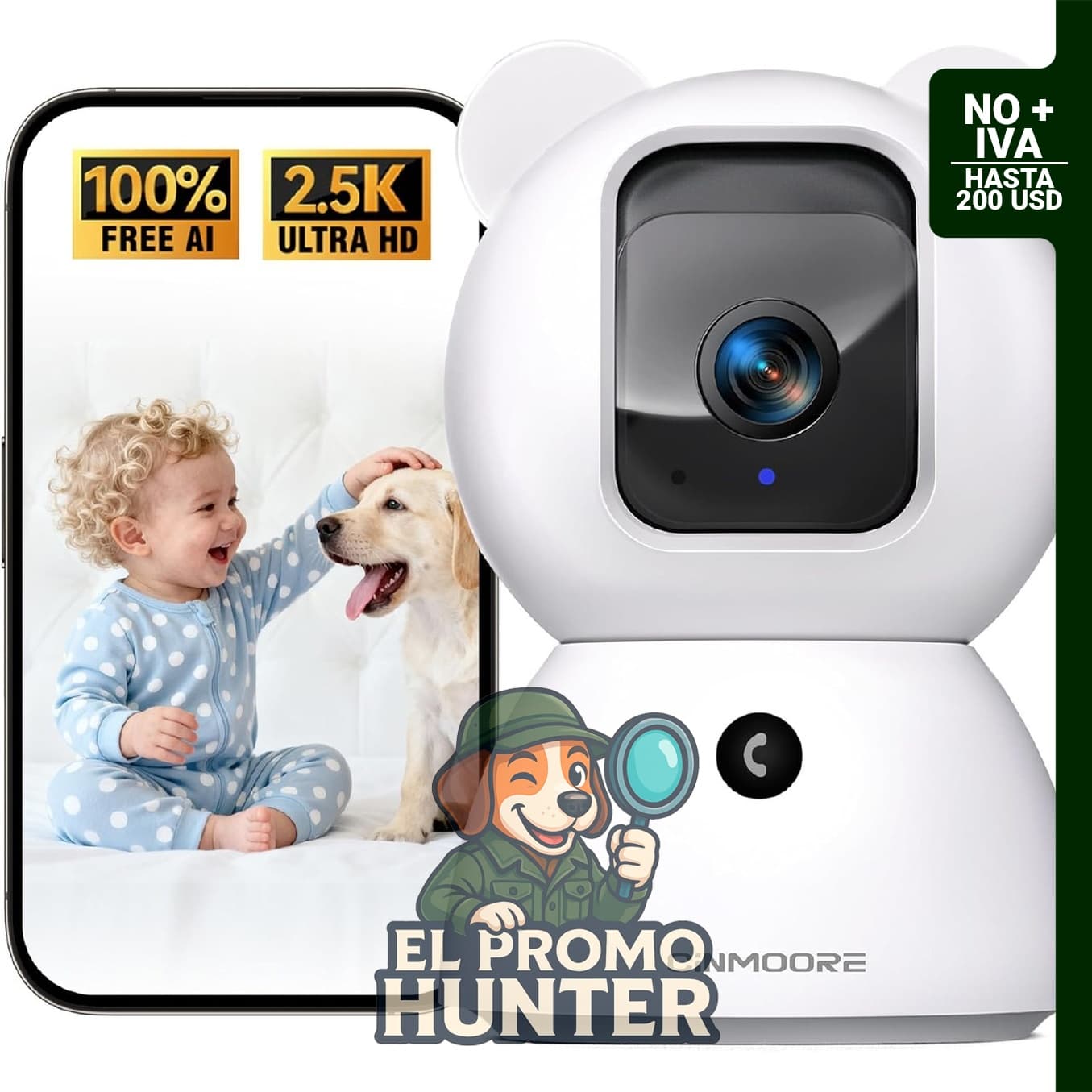 Cámara de seguridad CINMOORE 2.5K para mascotas con altavoz y aplicación móvil, detección de personas y llanto.