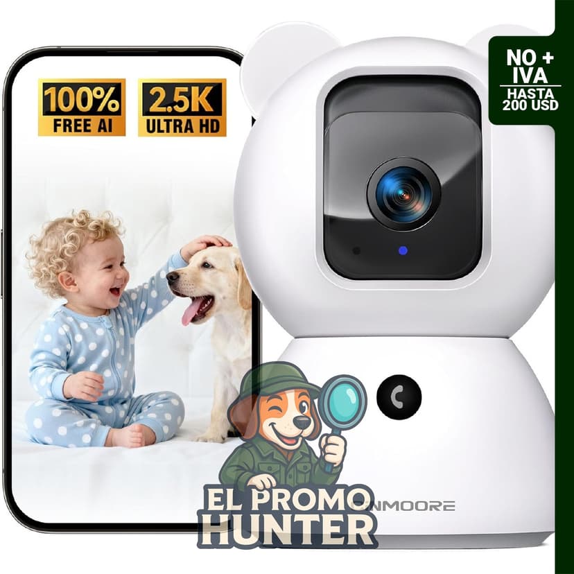 Cámara de seguridad CINMOORE 2.5K para mascotas con altavoz y aplicación móvil, detección de personas y llanto.