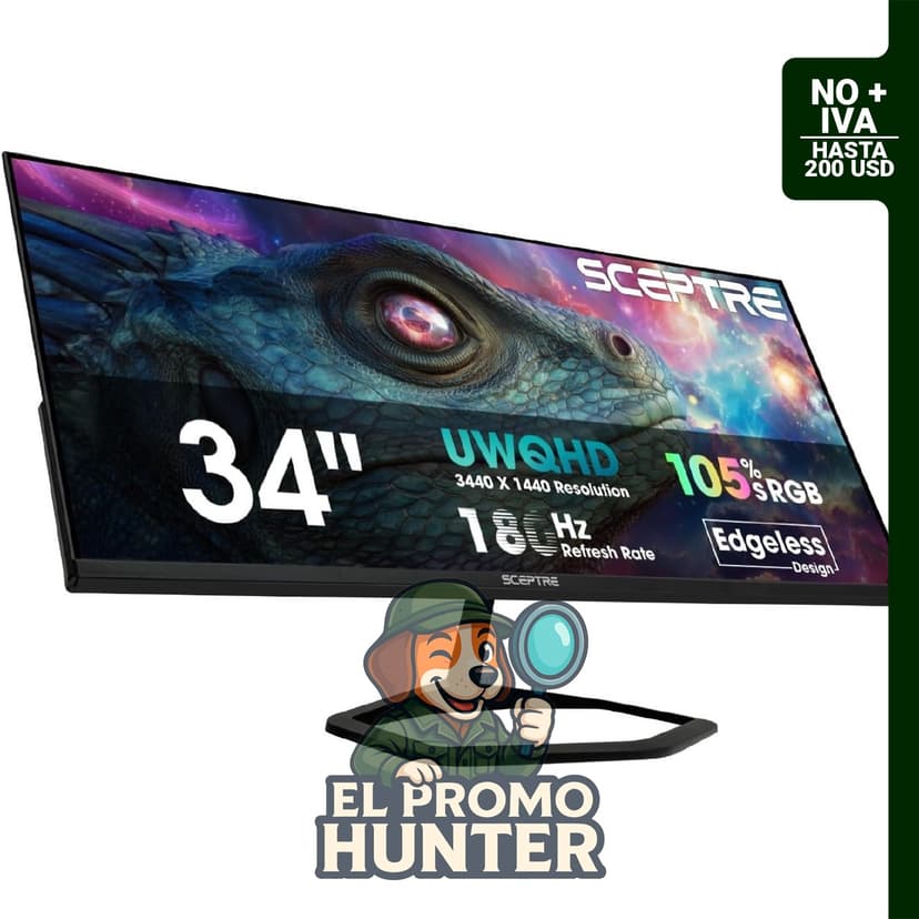 Sceptre E345B-QU180D, monitor de juegos de 34" (86 cm) con resolución 3440 x 1440, frecuencia de hasta 180Hz, puertos DisplayPort y HDMI, altavoces integrados.