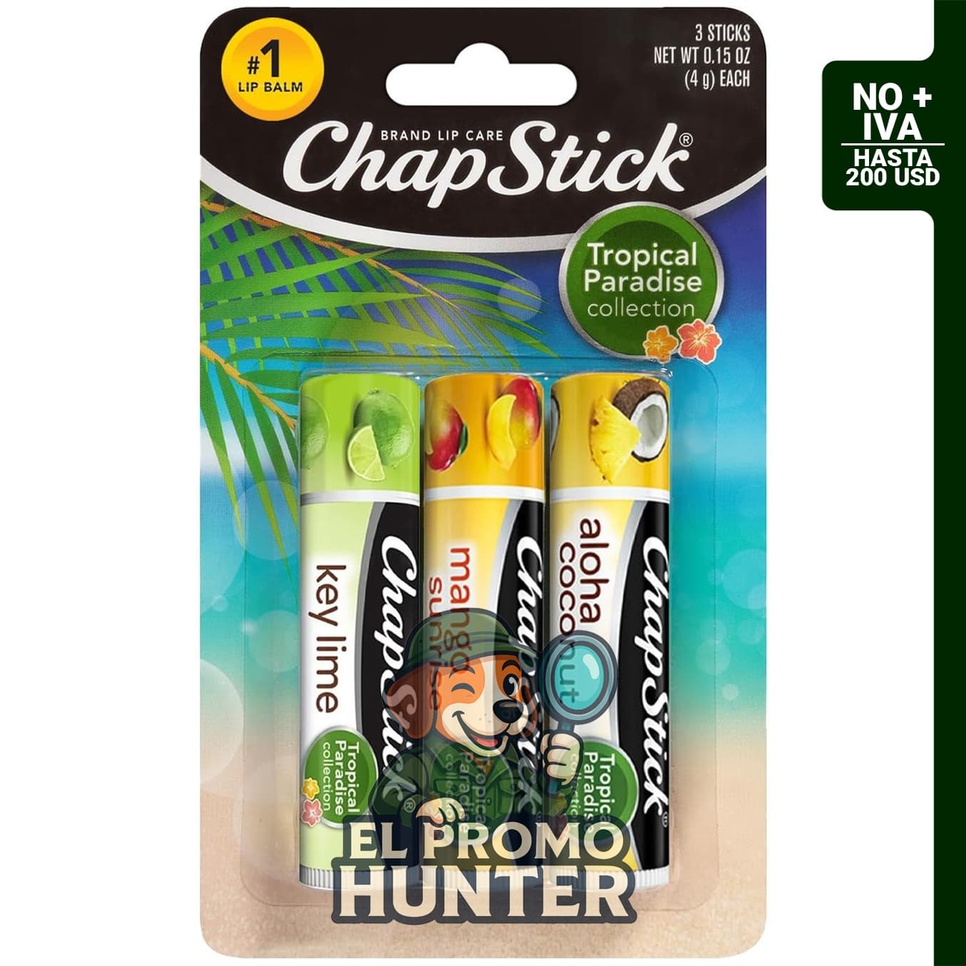 ChapStick Juego de cuidado de labios Tropical Paradise, 3 bálsamos de 0.15 oz cada uno: Mango Sunrise, Key Lime y Aloha Coconut.