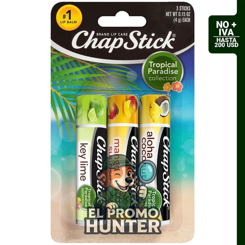 ChapStick Juego de cuidado de labios Tropical Paradise, 3 bálsamos de 0.15 oz cada uno: Mango Sunrise, Key Lime y Aloha Coconut.